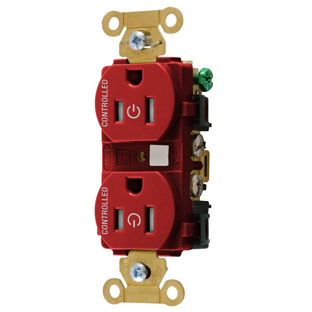 Hubbell HBL5262C2RTR Straight Blade Devices,Extra Heavy Duty Standard Duplex Receptacles for Controlled Applications ,Fully Controlled, 15A, 125V, 2 Pole, 3 Wire Grounding,Red  ; Permanently marked with universal power symbol and the word "CONTROLLED" to visually identify rec