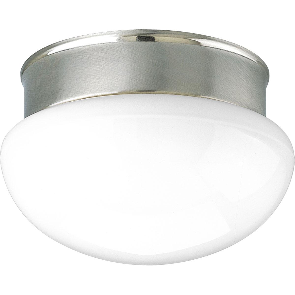 Hubbell P3410-09 A traditional two-light close-to-ceiling fixture featuring a White glass bowl and a Brushed Nickel finish. The fixture is ideal in a bathroom setting or hall/foyer.  ; Brushed Nickel finish. ; White glass bowl. ; Steel construction. ; Requires two (2) 60-
