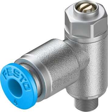 Festo 193138 one-way flow control valve GRLA-M5-QS-4-D Valve function: One-way flow control function for exhaust air, Pneumatic connection, port  1: QS-4, Pneumatic connection, port  2: M5, Adjusting element: Slotted head screw, Mounting type: Threaded