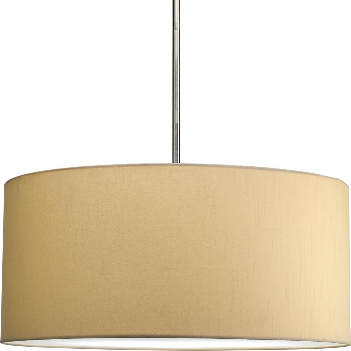 Hubbell P8825-01 The Markor Series is a modular pendant system. The versatile series allow the choice of shades and stem kits. This 22" shade with Beige Silken fabric is inspired by mid-century design. Acrylic bottom diffuser. This shade can be used with a variety of stem