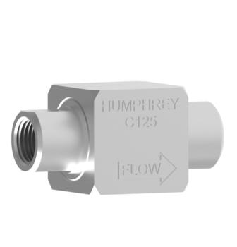 Humphrey C125 Check Valves, TAC Miniature Check Valves, Description: Check Valve, Number of Ports: 2 ports, Number of Positions: 2 positions, Valve Function: Check, Piping Type: Inline, Direct Piping, Approx Size (in) HxWxD: 1.75 x 0.88 x 0.88