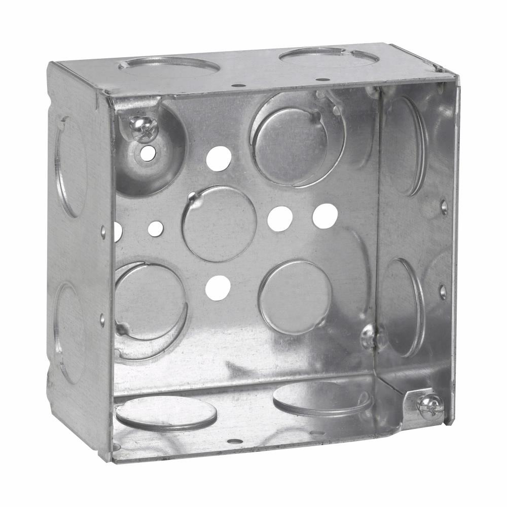Eaton Corp TP432 Eaton Crouse-Hinds series Square Outlet Box, (2) 1/2", (2) 1/2", (1) 3/4" E, 4", Conduit (no clamps), Welded, 2-1/8", Steel, (8) 3/4", 30.3 cubic inch capacity