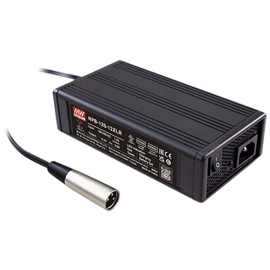 MEAN WELL NPB-120-12XLR AC-DC Single output battery charger with PFC; 2 or 3 stage charging; Universal AC input; Output 14.4Vdc at 6.8A with 3 pin power pin