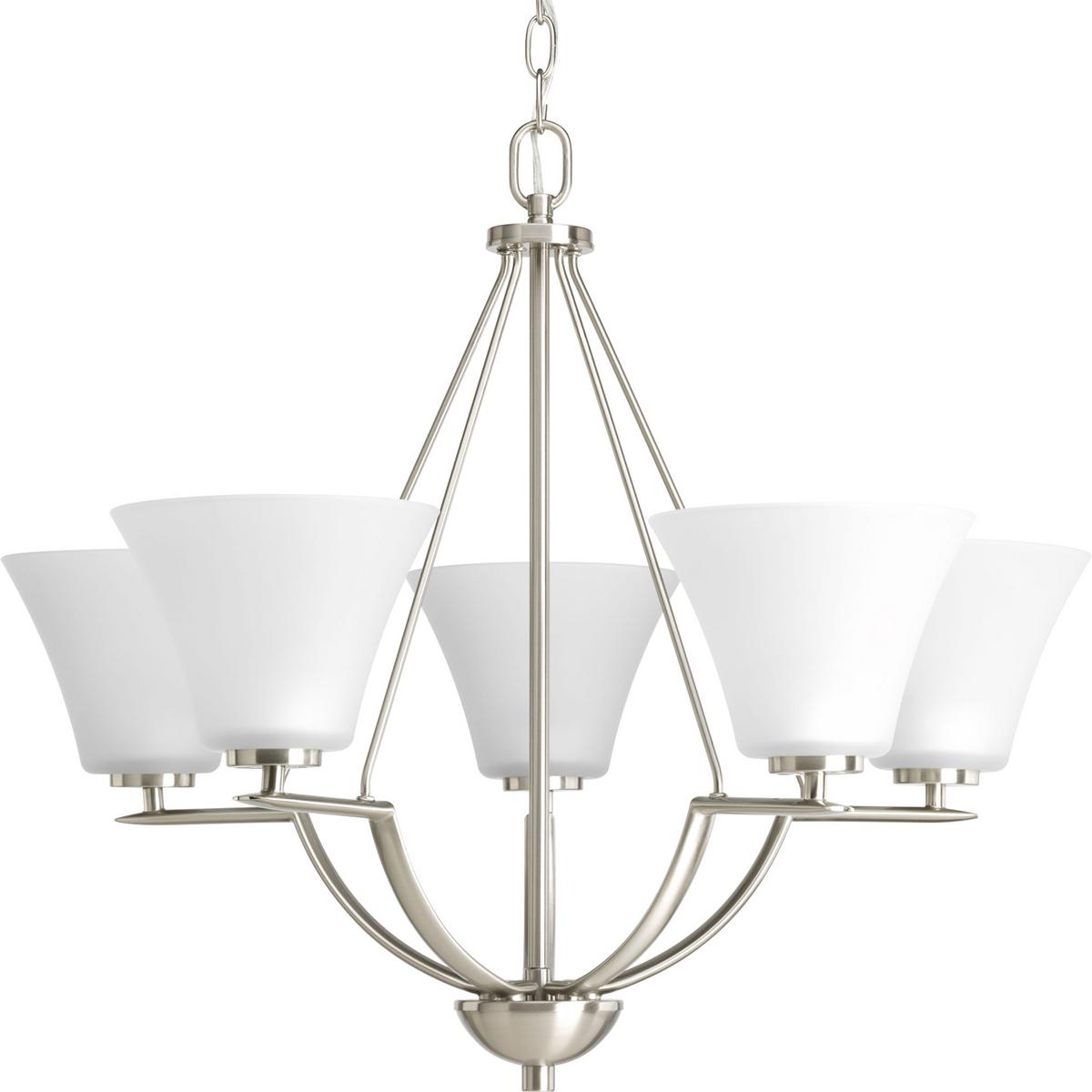 Hubbell P4623-09 Five-light chandelier with white etched glass from the Bravo collection. Linear elements stream throughout the fixture to compose a relaxed but exotic ambiance. Generously scaled glass shades add distinction against the Brushed Nickel finish and provide p