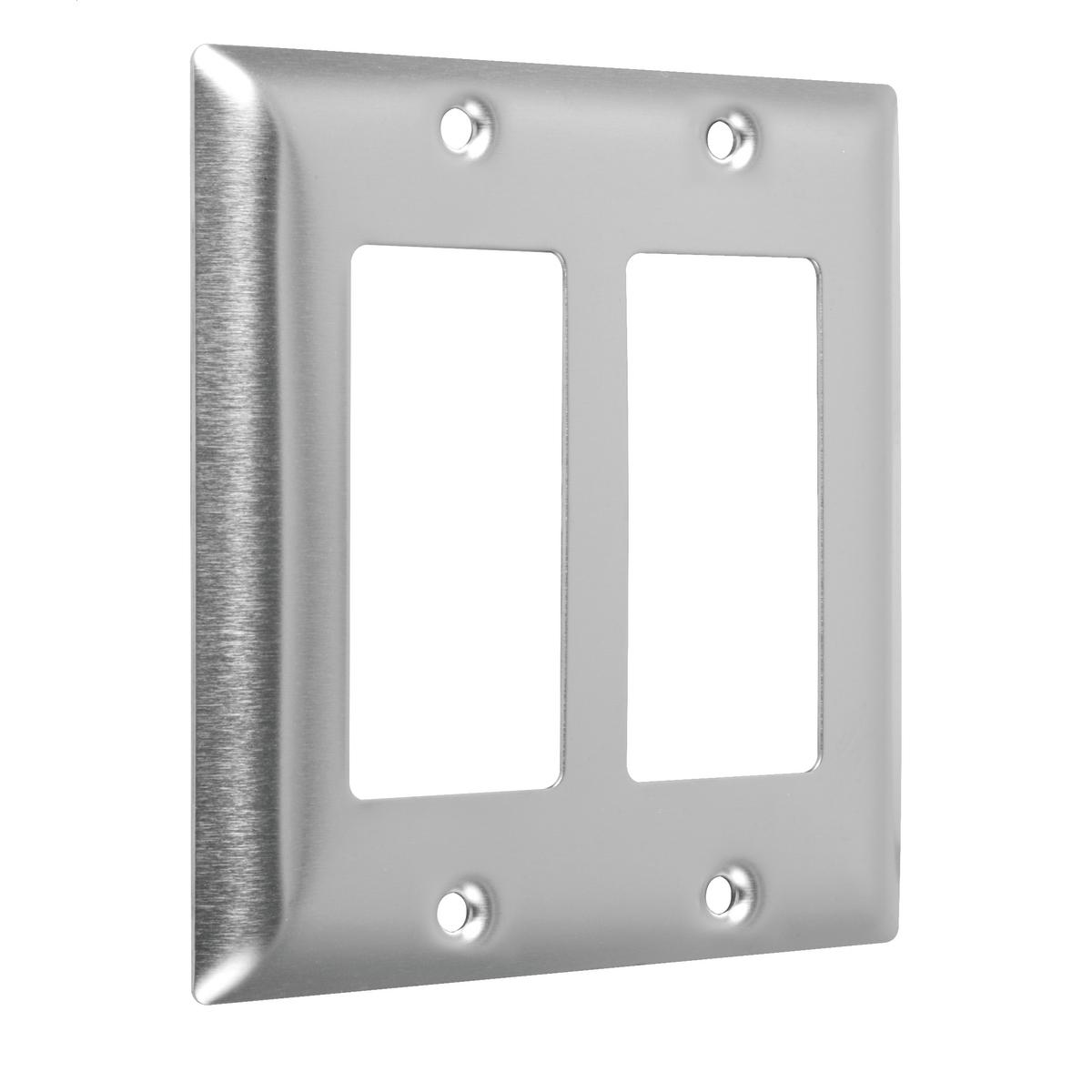 Hubbell WSS-RR 2-Gang Metal Wallplate, Standard, 2-Decorator, Stainless Steel  ; Easily primed and painted to match or complement walls. ; Won't bow, crack or distort during installation. ; Premium North American powder coat. ; Includes screw(s) in matching finish.
