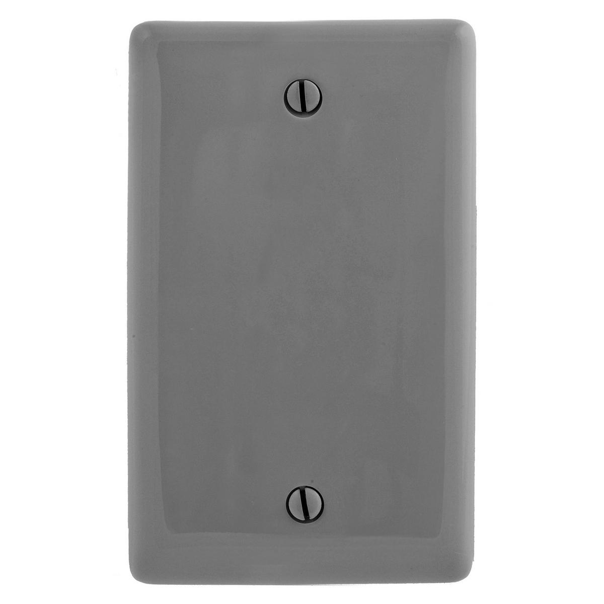 Hubbell NP13GY Wallplates and Box Covers, Wallplate, Nylon, 1-Gang, Blank, Box Mount, Gray  ; Reinforcement ribs for extra strength ; High-impact, self-extinguishing nylon material ; Captive screw feature holds mounting screw in place ; Standard Size is 1/8" larger to g