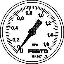 Festo 192733 pressure gauge MA-40-1,6-G1/8-MPA With display unit in MPa. Indicating range [MPa]: 0 - 1,6 MPa, Conforms to standard: EN 837-1, Nominal size of pressure gauge: 40, Design structure: Bourdon-tube pressure gauge, Mounting type: Line installation