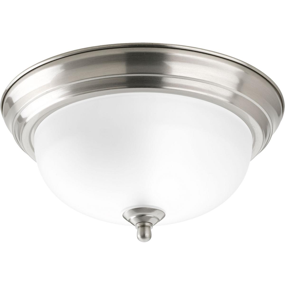 Hubbell P3924-09ET One-light 11" flush mount with dome shaped etched glass, solid trim and decorative knobs. Center lock-up with matching finial. Brushed Nickel finish.  ; Brushed Nickel finish. ; Alabaster Glass. ; Decorative details.