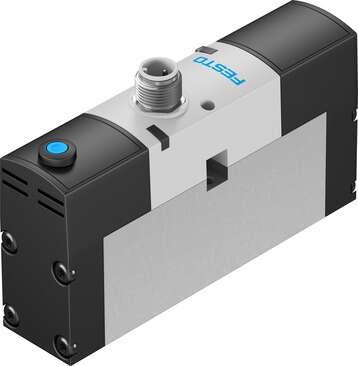 Festo 534525 solenoid valve VSVA-B-M52-AZH-A1-1R2L with central plug, round design M8x1. Valve function: 5/2 monostable, Type of actuation: electrical, Width: 26 mm, Operating pressure: -0,9 - 16 bar, Design structure: Piston slide