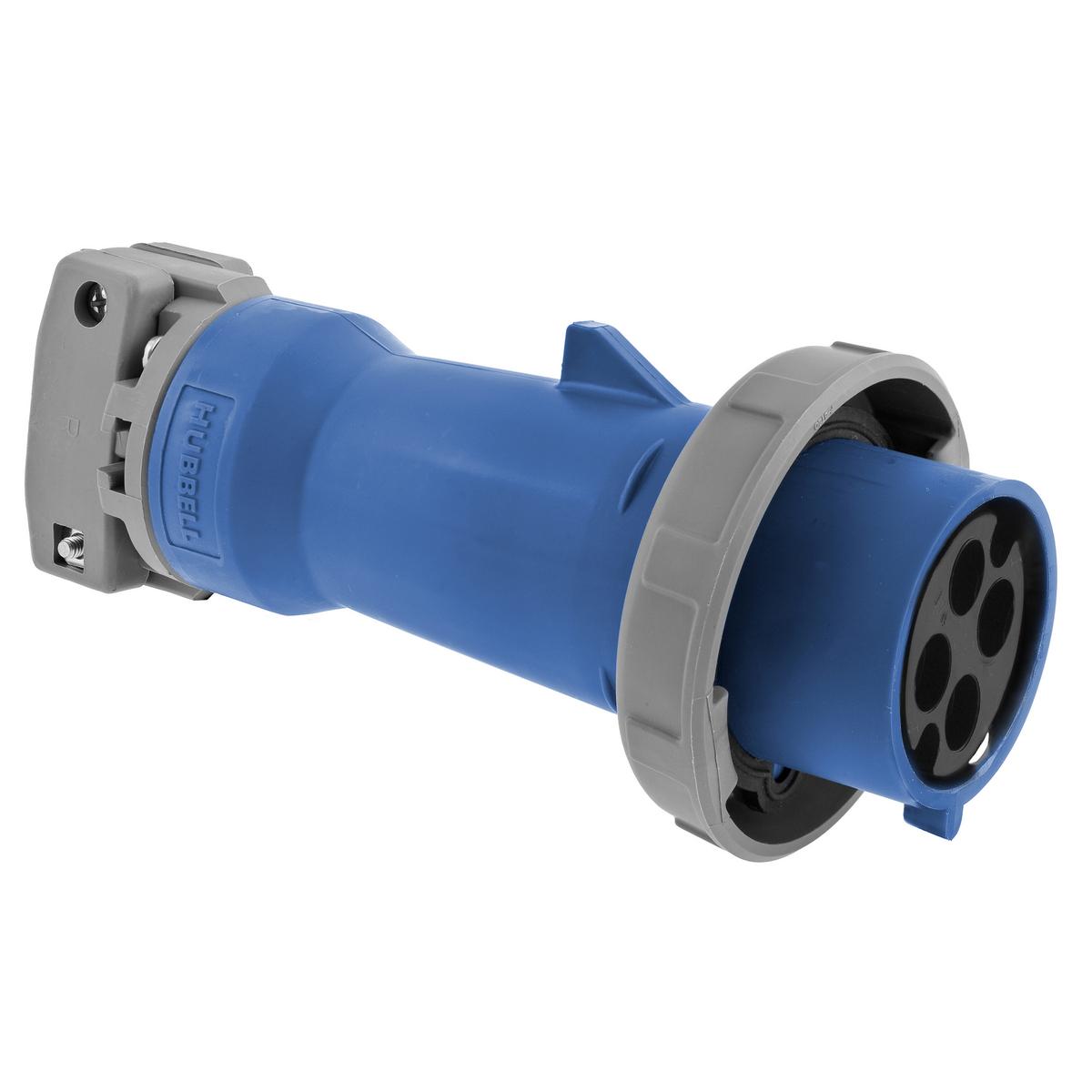 Hubbell HBL4100P9WR Heavy Duty Products, IEC Pin and Sleeve Devices, Industrial Grade, Male, Plug, 100A 3-Phase Delta 250V AC, 3- Pole 4-Wire Grounding, Terminal Screws, Blue, Watertight- Reversed  ; Gasketed sealing ring provides watertight seal ; Heavy duty external cord g