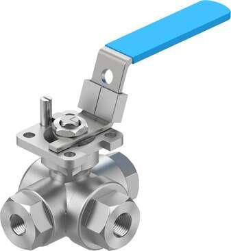 Festo 8096943 ball valve VZBE-1/4-T-63-F-3L-F04-M-V15V15 Design structure: (* 3-way ball valve, * L hole), Type of actuation: mechanical, Sealing principle: soft, Assembly position: Any, Mounting type: Line installation