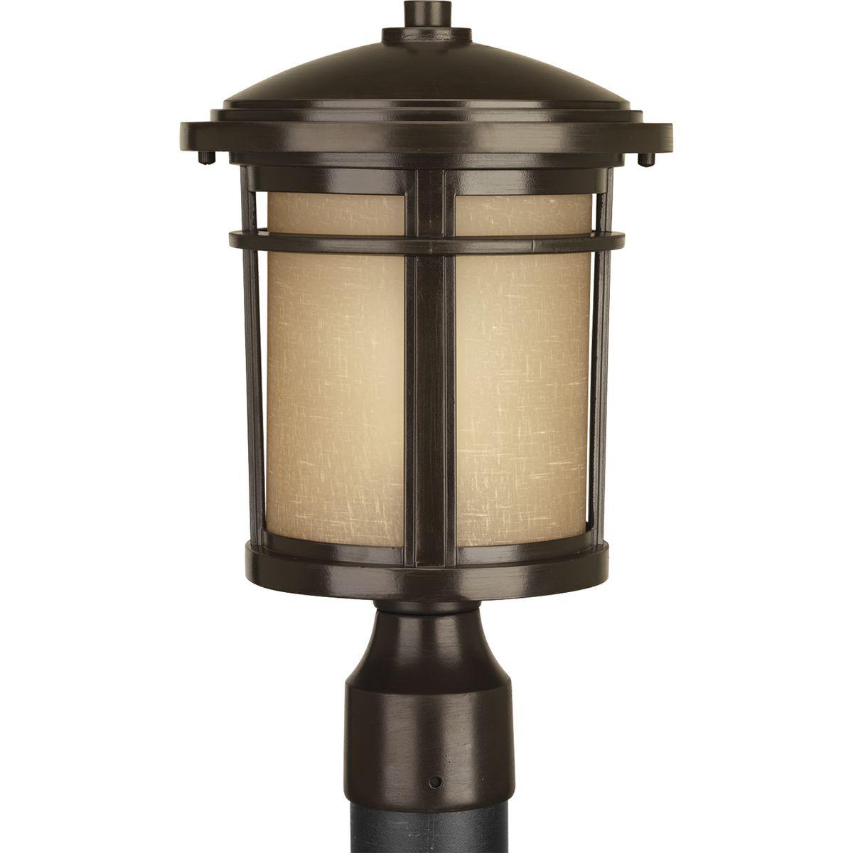 Hubbell P6424-20 Illuminate your home with this remarkable bronze finished post. Post lantern with etched umber linen glass.  ; Etched umber linen glass. ; Cast aluminum construction. ; Powder coated finish.