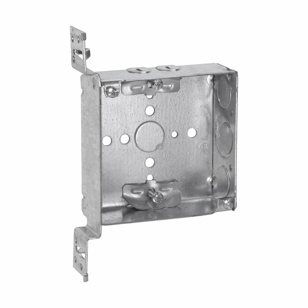 Eaton Corp TP449 Eaton Crouse-Hinds series Square Outlet Box, (1) 1/2", 4", VMS, 4, NM clamps, Welded, 1-1/2", Steel, (2) 1/2", (1) 1/2", (1) 3/4" E, 22.0 cubic inch capacity