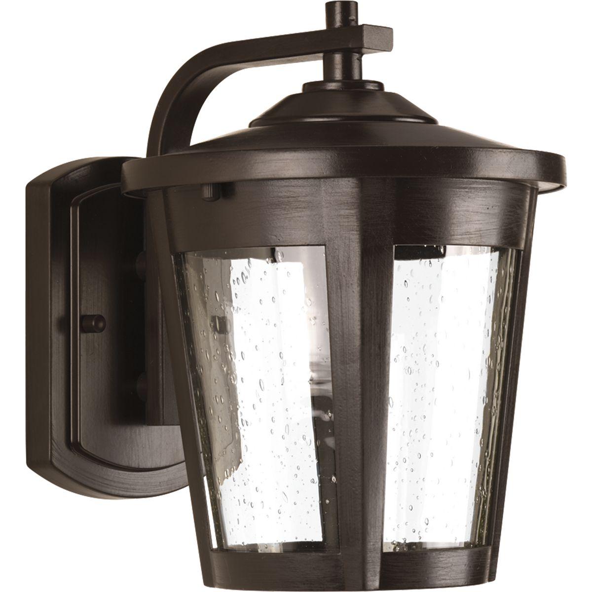 Hubbell P6078-2030K9 The East Haven LED Collection offers modern styling to complement a wide variety of home styles. The one-light medium LED outdoor wall lantern has an Antique Bronze frame that cradles a seeded glass shade. 120V AC replaceable LED module, 623 lumens (sourc