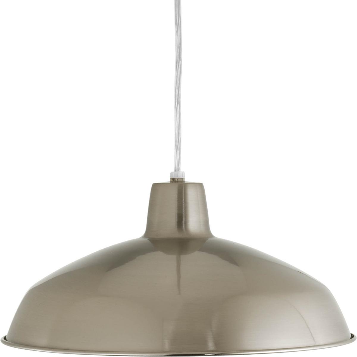 Hubbell P5094-09 One-light industrial style warehouse cord-hung pendant with spun metal shade. Gloss white inside shade for reflectivity. 3 Conductor SVT clear cord.  ; One-light industrial style warehouse cord-hung pendant. ; Spun metal shade. ; Gloss white inside shade 