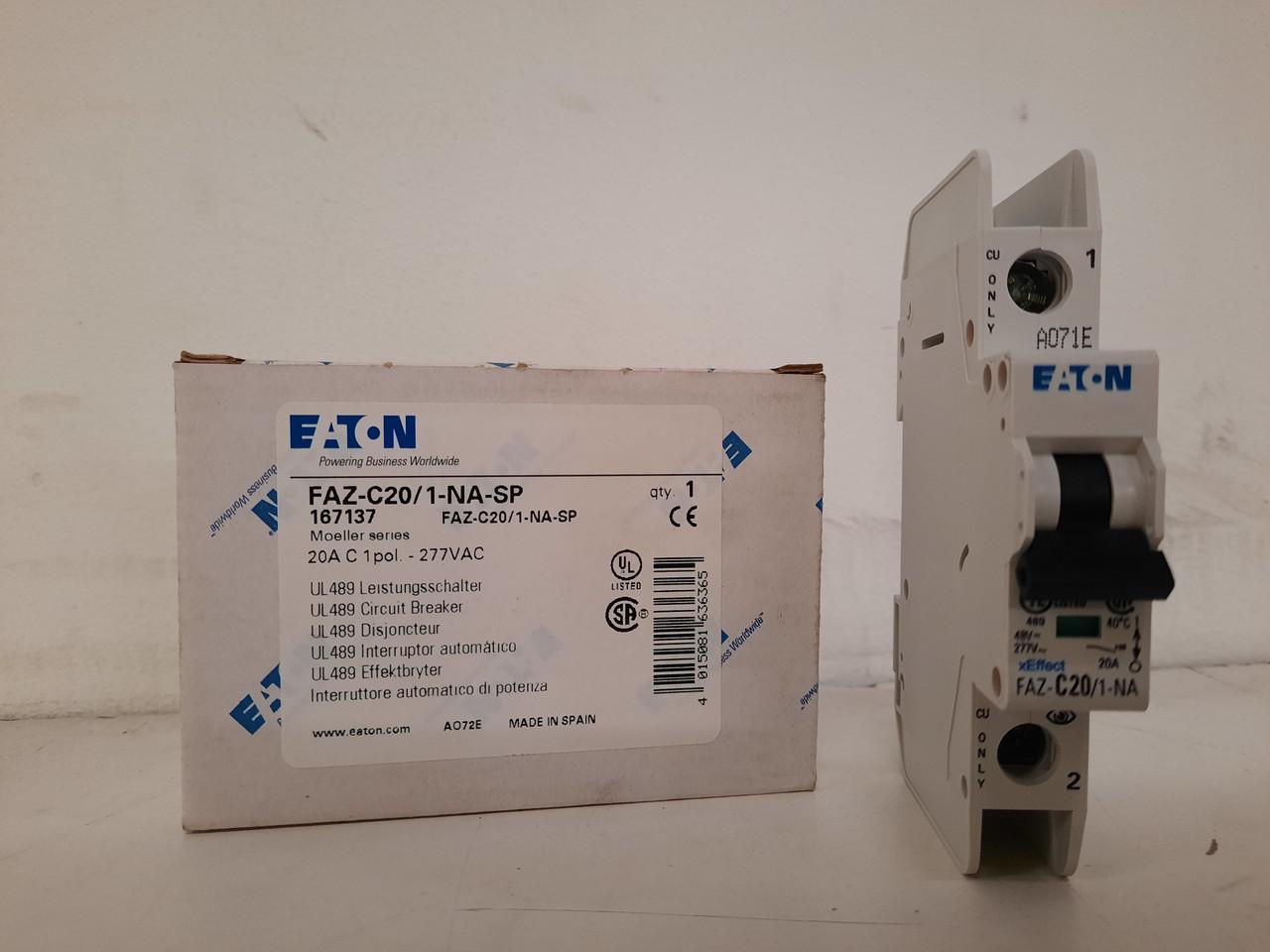 Eaton FAZ-C20/1-NA-SP Eaton FAZ branch protector,UL 489 Industrial miniature circuit breaker - supplementary protector,Single package,Medium levels of inrush current are expected,20 A,10 kAIC,Single-pole,277 V,5-10X /n,Q38,50-60 Hz,Screw terminals,C Curve