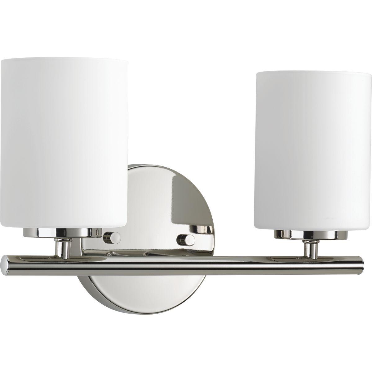 Hubbell P2158-104 Two-light bath & vanity from the Replay Collection, smooth forms, linear details and a pleasingly elegant frame enhance a simplified modern look. Fixture can be mounted up or down. Polished Nickel finish.  ; Ideal for a bathroom and powder room. ; Perfect