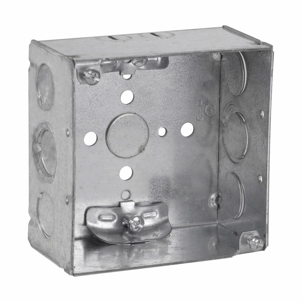 Eaton Corp TP450 Eaton Crouse-Hinds series Square Outlet Box, (1) 1/2", 4", 4, NM clamps, Welded, 2-1/8", Steel, (4) 1/2", (2) 1/2", (1) 3/4" E, 30.3 cubic inch capacity