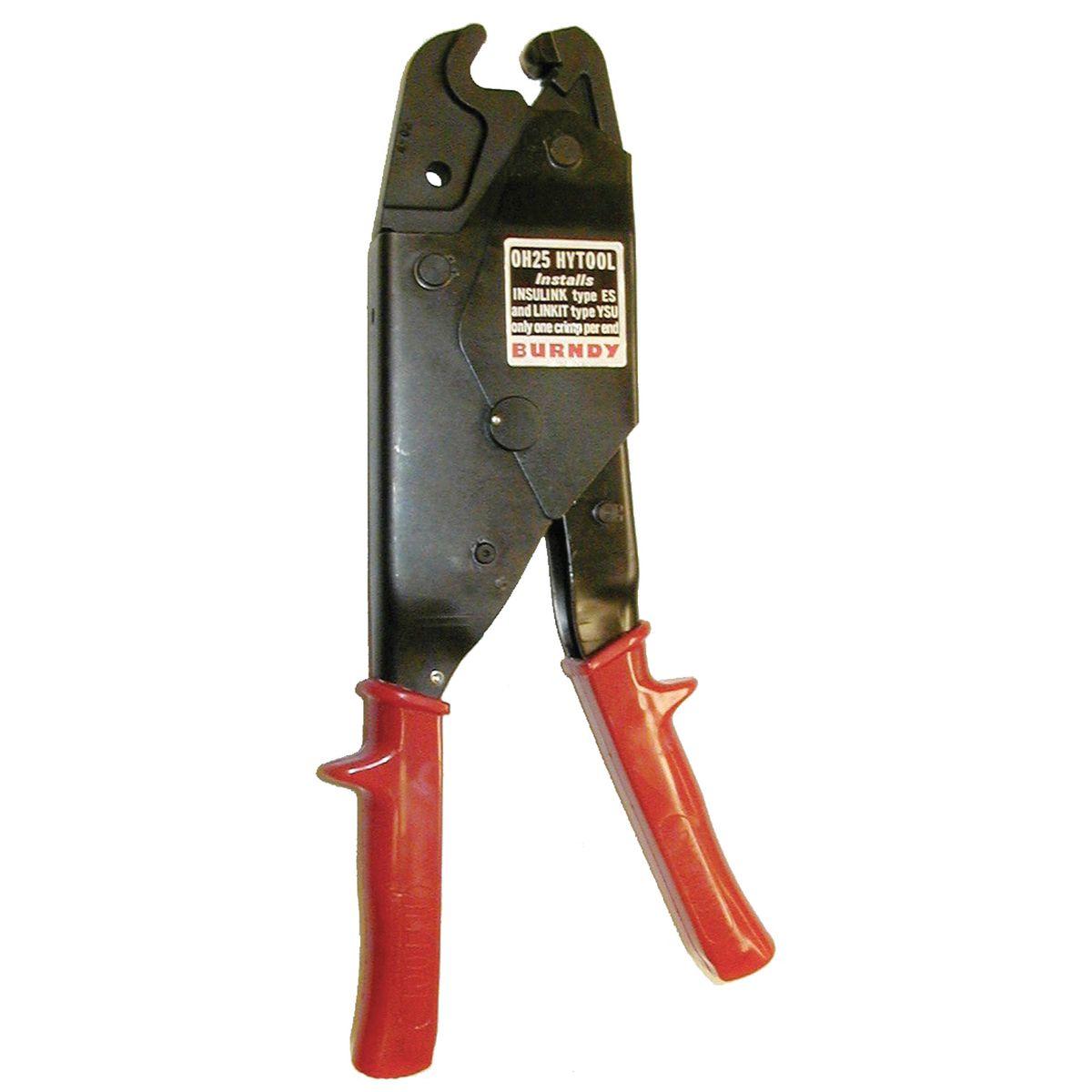 Hubbell OH25 Full Cycle Ratchet Crimper, Dieless, 6000 lbs, Installs Service Entrance Splice Connectors #10 AWG - #1/0 AWG  ; Heat treated steel ; 1/4" hole for snap fastener ; Forged steel jaws ; Nest die ; Comfort grip handles ; Spring loaded handles ; Protected rat