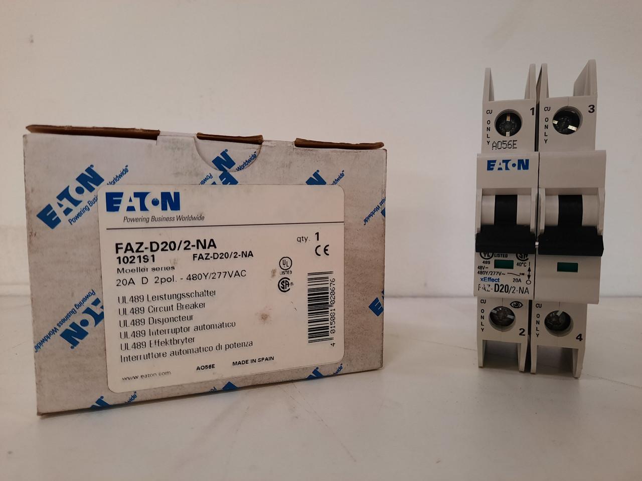 Eaton FAZ-D20/2-NA 277/480 VAC, 96 VDC, 20 A, 10 kA, 10 to 20 x Rated Current, 2-Pole, Screw Terminal, DIN Rail Mount, Current Limiting, Thermal Magnetic