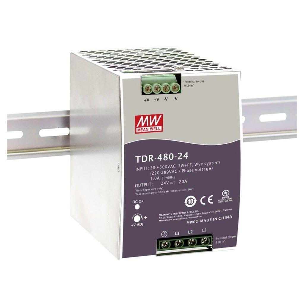 MEAN WELL TDR-480-24 AC-DC Industrial 3-phase DIN rail power supply with PFC and Constant Current; Output 24VDC at 20A