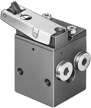 Festo 3416 toggle lever valve LS-4-1/8 With idle return, piloted, normally closed. Valve function: 4/2 monostable, Type of actuation: mechanical, Standard nominal flow rate: 128 l/min, Operating pressure: 3,5 - 8 bar, Design structure: Poppet seat
