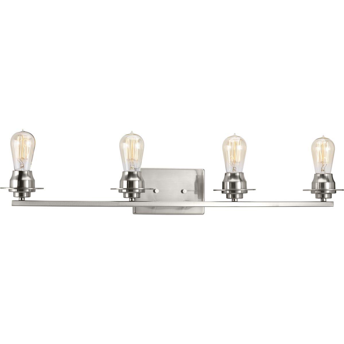 Hubbell P300011-009 A new category of vintage modern fixtures takes center stage with this four-light bath & vanity fixture from one of our Design Series collections. Delicate details in a Brushed Nickel finish, create statement making focal pieces for a variety of interiors
