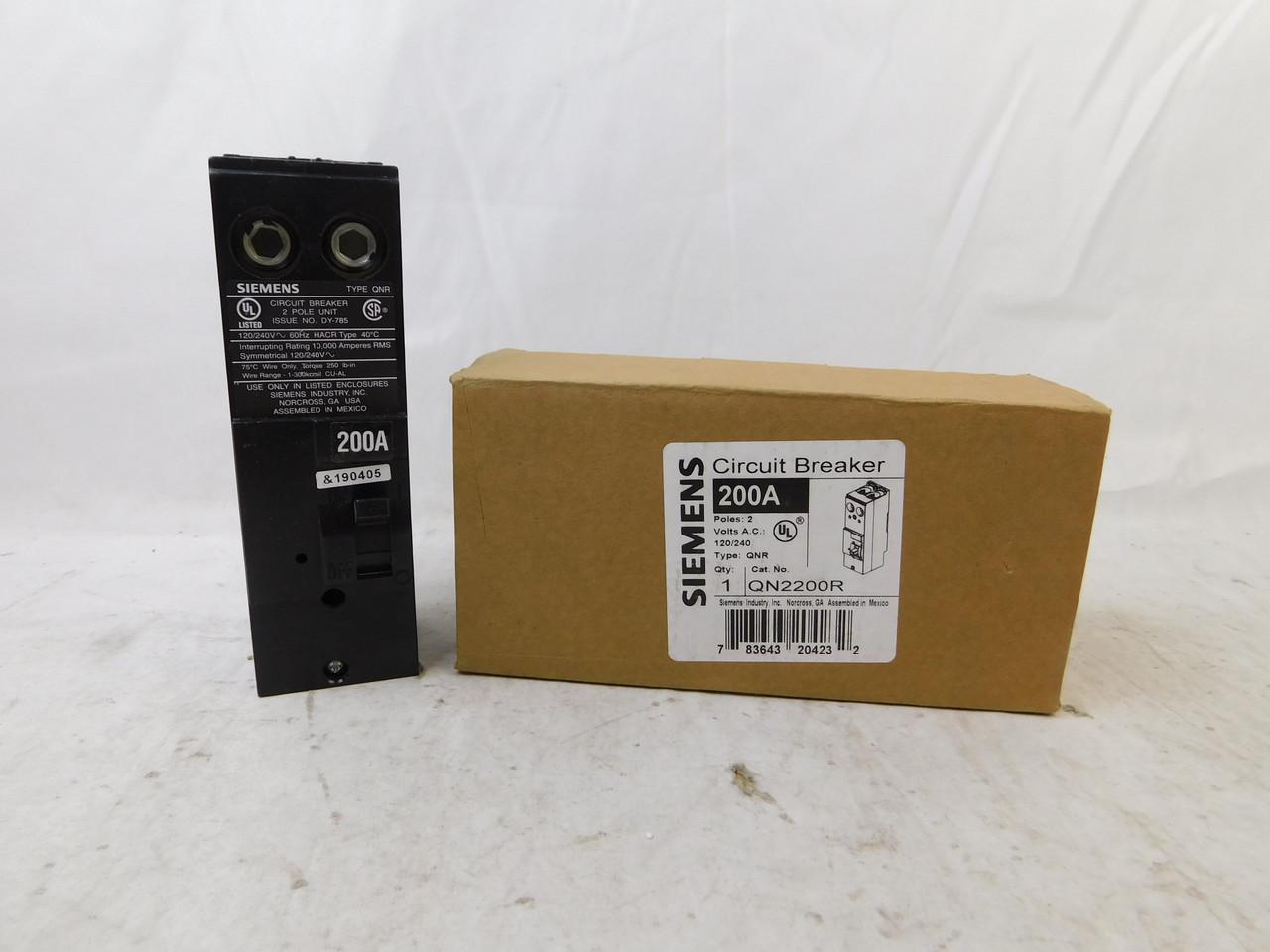 Siemens QN2200R 120/240 VAC, 200 A, 10 kA, 2-Pole, Plug-In Mount, QNR Frame, Thermal Magnetic Trip Unit, Reversible, Main Circuit Breaker for Load Center