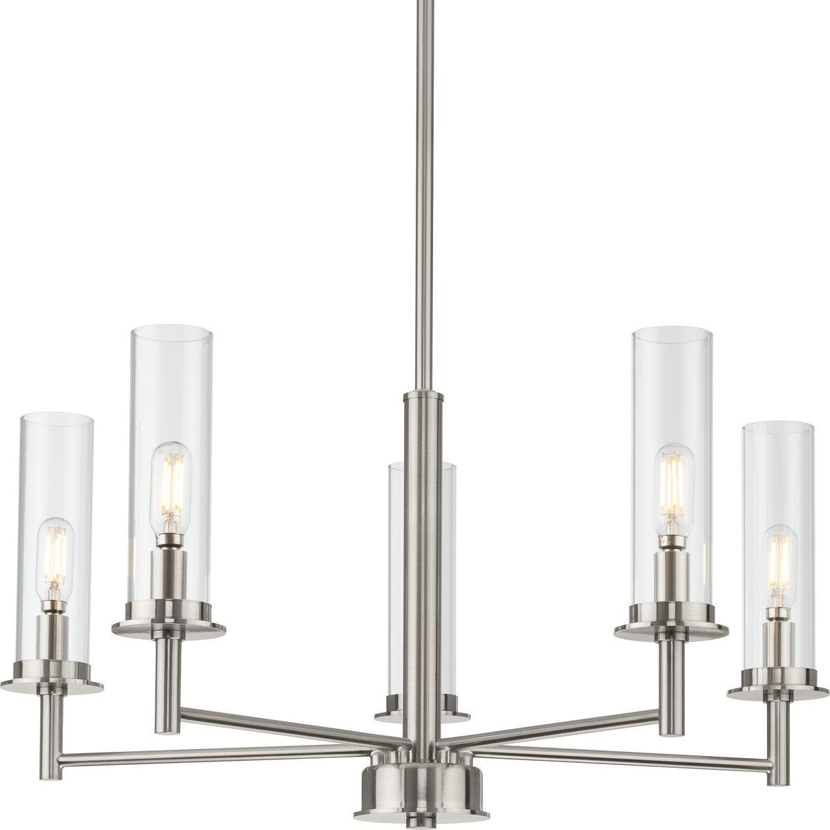 Hubbell P400251-009 Balance the best of modern and traditional with the Kellwyn Collection 5-Light Brushed Nickel Clear Glass Transitional Chandelier Light. The classic frame with crisp, clean lines is coated in a beautiful brushed nickel finish. Light sources glow from insi