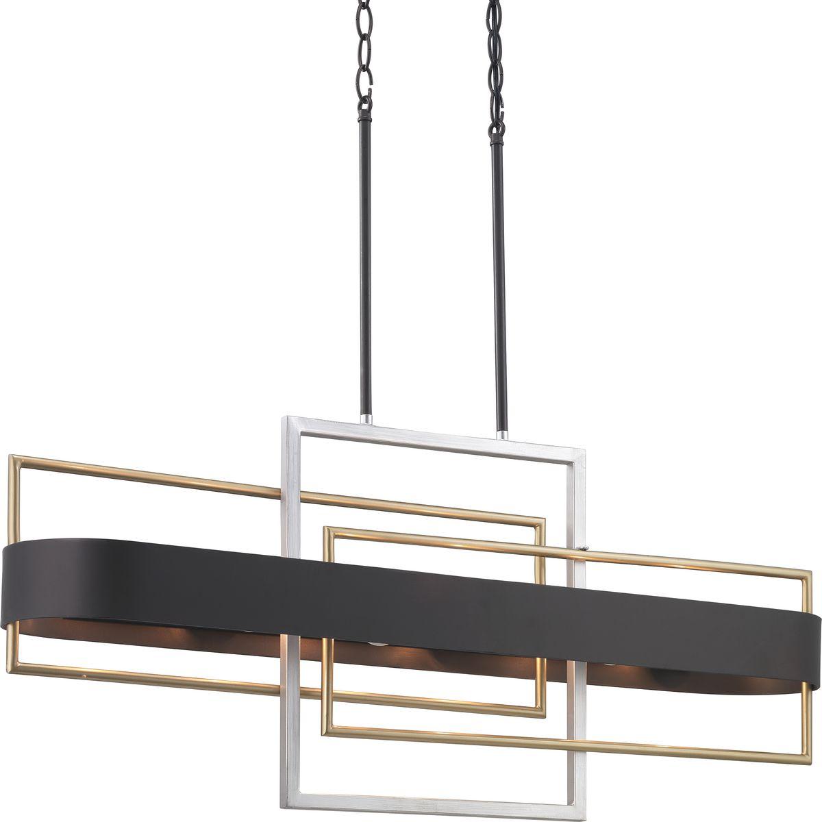 Hubbell P400170-031 An array of geometric patterns in Adagio six-light linear chandelier is a nod to the musical description of a tender and melodic tone. The modern design features lights that are distributed around a circular Black band. Mixed metal elements, which are pre