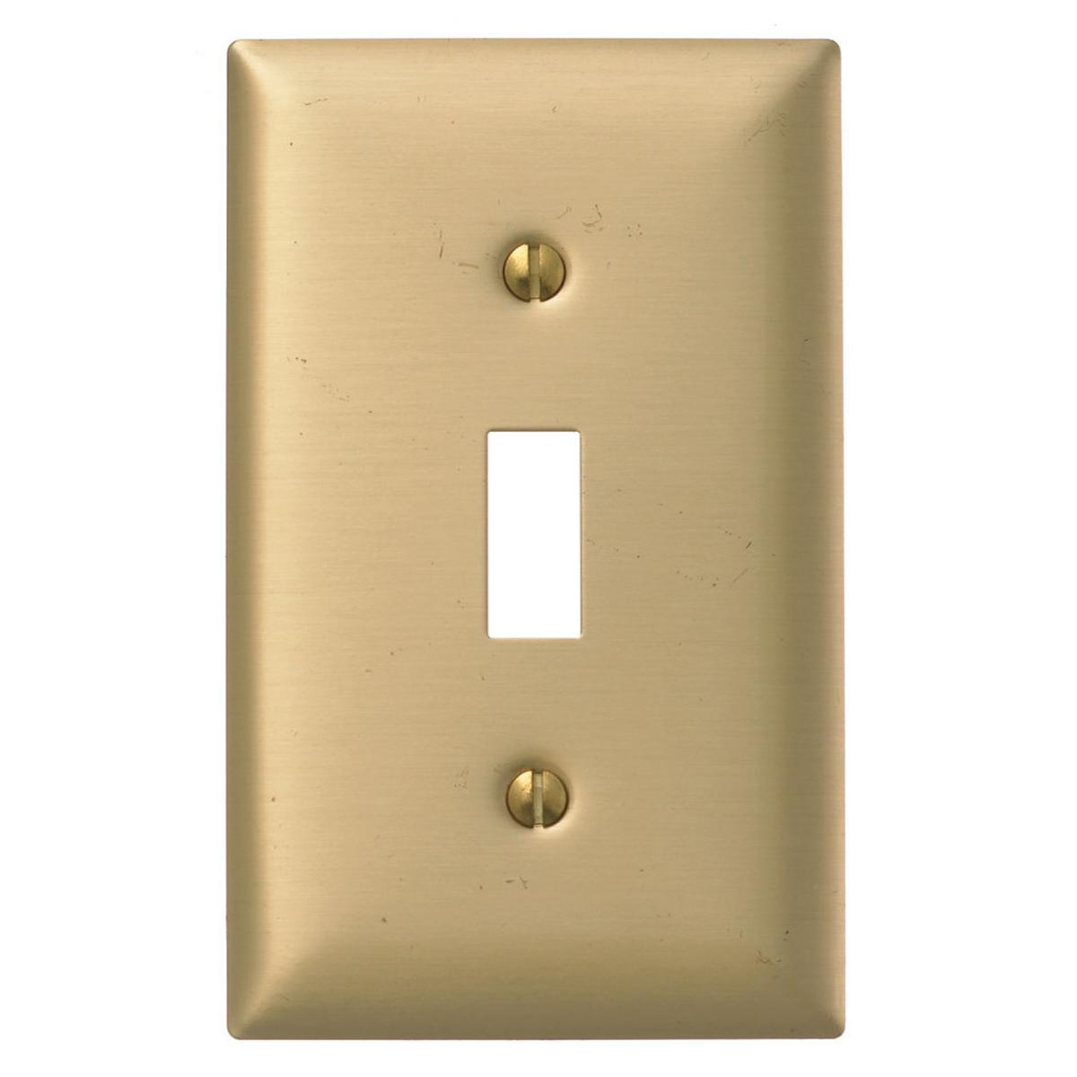 Hubbell SBP1 Wallplates and Boxes, Metallic Plates, 1- Gang, 1) Toggle Opening, Standard Size, Brass Plated Steel  ; Non-magnetic and corrosion resistant ; Finish is lacquer coated to inhibit oxidation ; Protective plastic film helps to prevent scratches and damage ; 