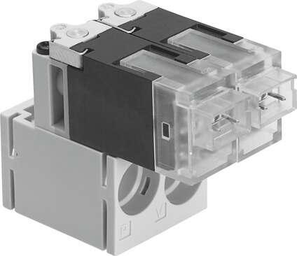 Festo 563365 vacuum valve MHA1-2X2/2G-1,5 to be mounted with a screw on any flat surface. Valve function: 2x2/2 closed, monostable, Type of actuation: electrical, Width: 20 mm, Standard nominal flow rate: 30 l/min, Operating pressure: 0 - 1,5 bar