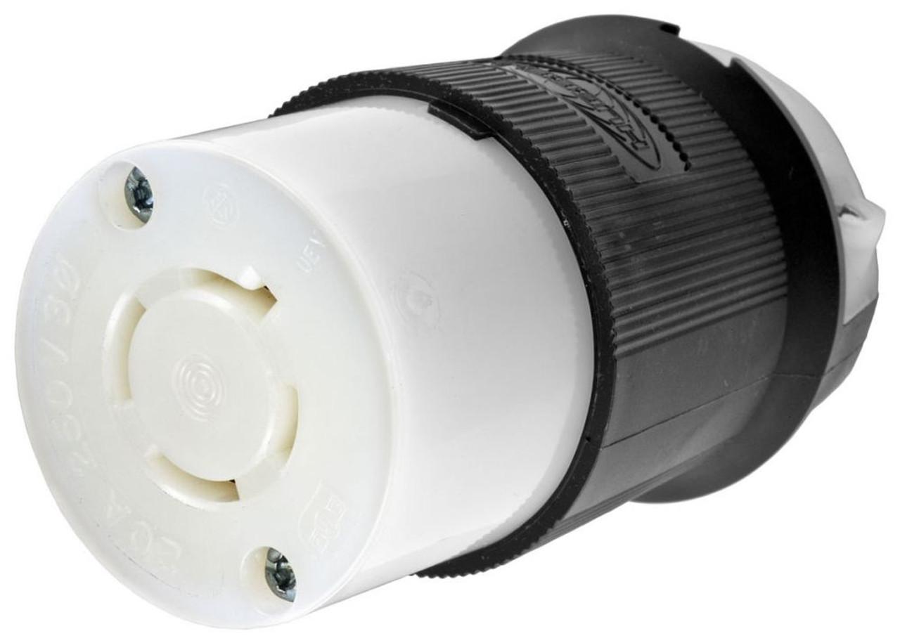 Hubbell HBL2423 Locking Devices, Twist-Lock®, Industrial, Female Insulgrip® Connector Body, 20A 3-Phase 250V AC, 3-Pole 4-Wire Grounding, NEMA L15-20R, Screw Terminal, Black and White Nylon.  ; Superior cord grip design protects terminations from excess strain. ; Clear, 