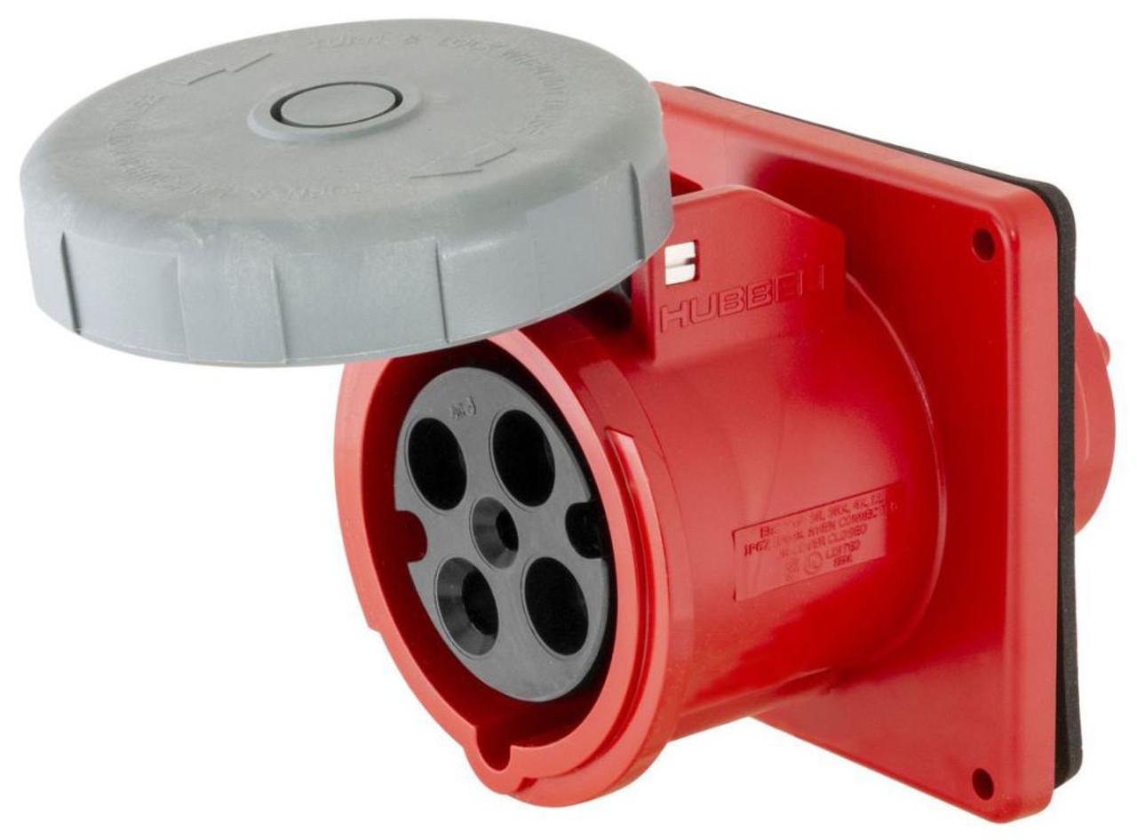 Hubbell HBL430R7W Heavy Duty Products, IEC Pin and Sleeve Devices, Industrial Grade, Female, Receptacle, 30A 3-Phase Delta 480V AC, 3-Pole 4-Wire Grounding, Terminal Screws, Red, Watertight  ; Corrosion-resistant self-closing gasketed cover ; Insulated non-metallic housing