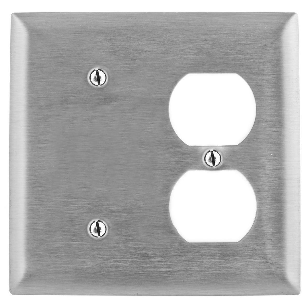 Hubbell SS138 Wallplates and Boxes, Metallic Plates, 2- Gang, 1 Blank 1) Duplex Opening, Standard Size, Stainless Steel  ; Ideal for highly corrosive environments ; Non-magnetic ; Protective plastic film helps to prevent scratches and damage ; Protective film helps to 