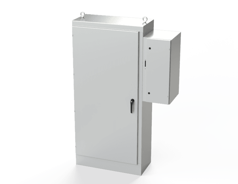 Saginaw Control SCE-84XD4018 1DR XD Enclosure, Height:84.00", Width:39.50", Depth:18.00", ANSI-61 gray powder coating inside and out. Sub-panels are powder coated white.