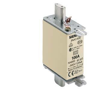 Siemens 3NA3830 LV HRC fuse element, NH000, In: 100 A, gG, Un AC: 500 V, Un DC: 250 V, Front indicator, live grip lugs