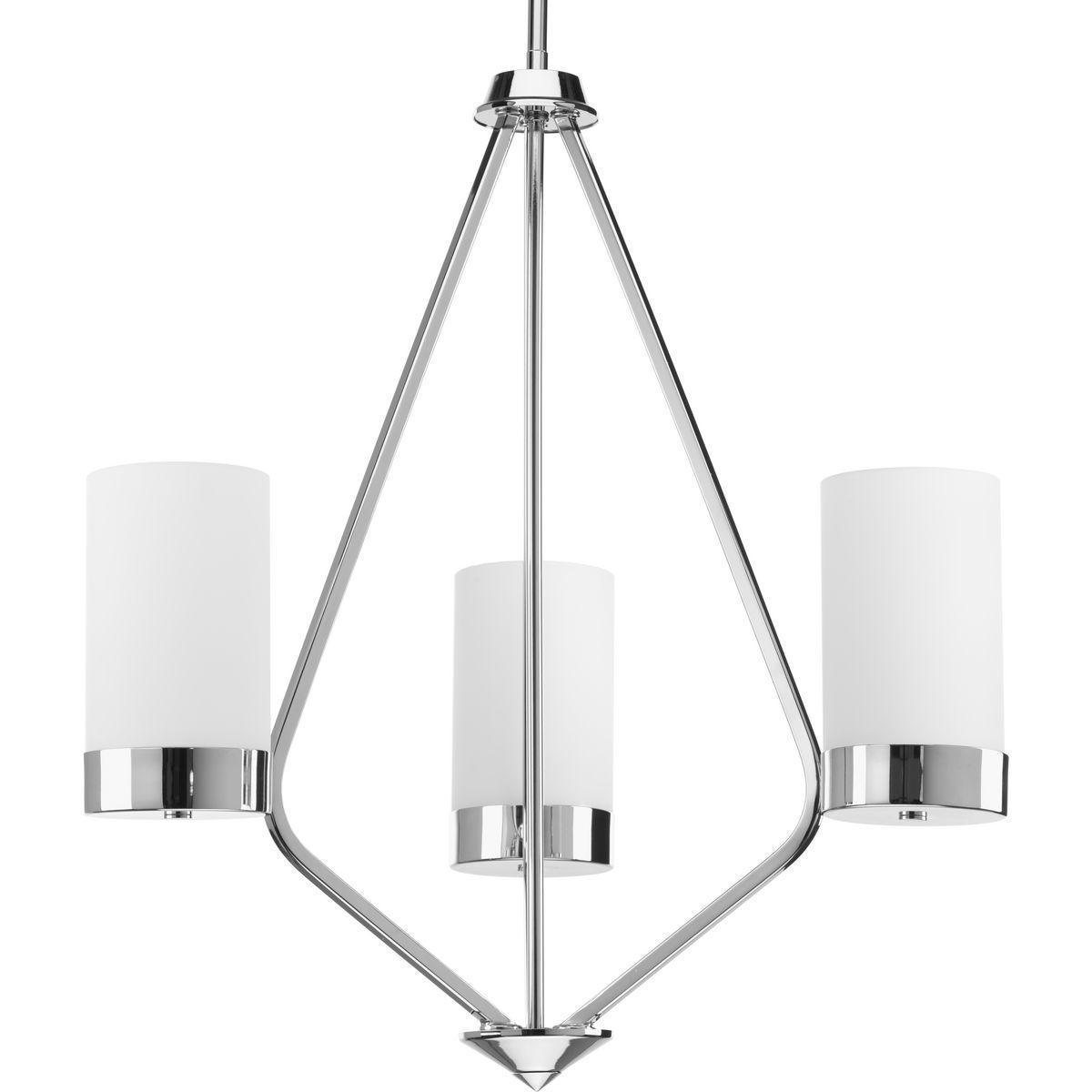 Hubbell P400021-015 Achieve a mid-century modern look with Elevate, which boasts glass shades and a frame inspired by Space Age styling. The trapezoidal form is accentuate in the Polished Chrome finish. This three-light chandelier is part of our Design Series collections.  ;