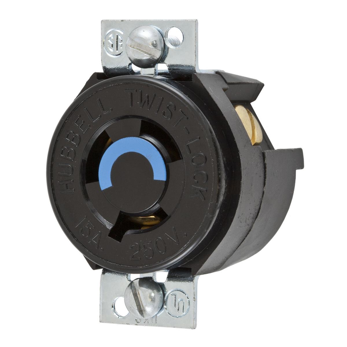 Hubbell HBL4563 Locking Devices, Twist-Lock®, Industrial, Panel Mount Receptacle, 15A 250V, 2-Pole 3-Wire Grounding, NEMA L6-15R, Screw Terminal, Side wired, Black Nylon.  ; Reinforced thermoplastic construction ; Single piece, all brass contacts ; All terminals are back