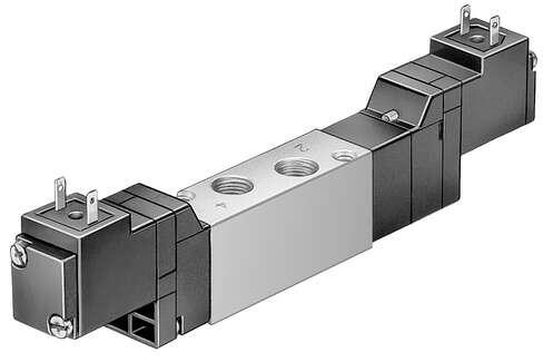 Festo 173153 solenoid valve MEH-5/3B-1/8-P-B Midi Pneumatic, with solenoid coil and manual override, without socket. Valve function: 5/3 pressurised, Type of actuation: electrical, Width: 17,8 mm, Standard nominal flow rate: 400 l/min, Operating pressure: 3 - 8 bar