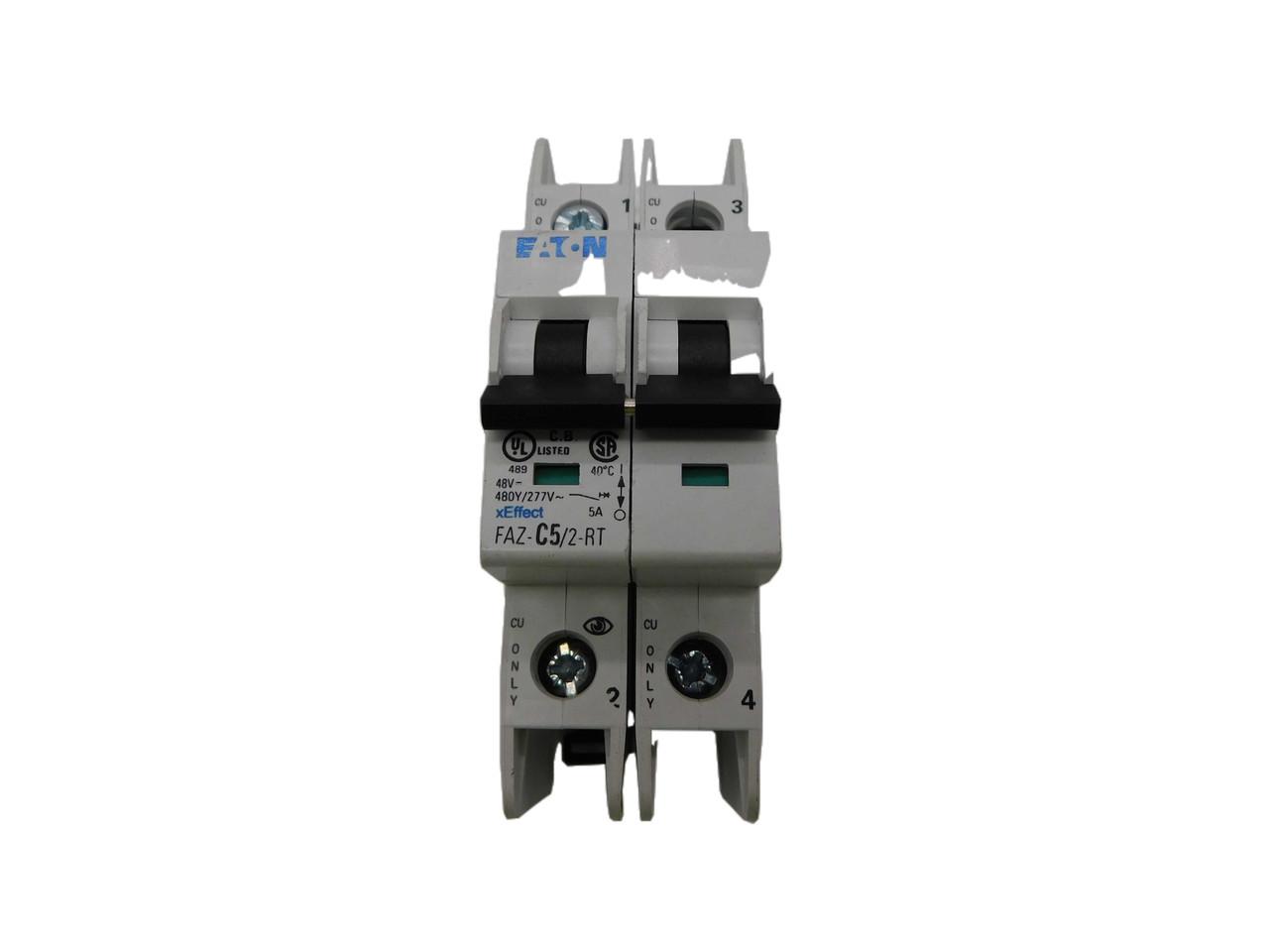Eaton FAZ-C5/2-RT 277/480 VAC 50/60 Hz, 5 A, 2-Pole, 10/14 kA, 5 to 10 x Rated Current, Ring Tongue Terminal, DIN Rail Mount, Standard Packaging, C-Curve, Current Limiting, Thermal Magnetic
