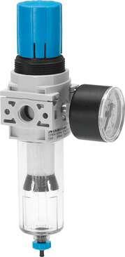 Festo 539690 filter regulator LFR-1/4-DB-7-5M-MINI-H Output pressure max. 7 bar, with pressure gauge, 5 µ filtration grade. Size: Mini, Width: 44 mm, Series: DB, Actuator lock: Rotary knob with lock, Assembly position: Vertical +/- 5°