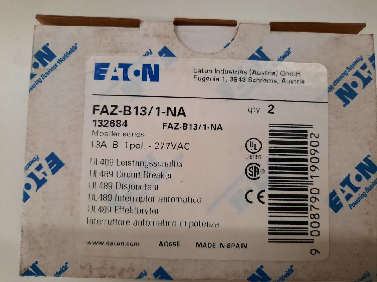 Eaton FAZ-B13/1-NA 277/480 VAC 50/60 Hz, 13 A, 1-Pole, 10/14 kA, 3 to 5 x Rated Current, Screw Terminal, DIN Rail Mount, Standard Packaging, B-Curve, Current Limiting, Thermal Magnetic