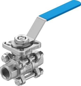Festo 8096664 ball valve VZBE-3/8-T-63-T-2-F0304-M-V15V15 Design structure: 2-way ball valve, Type of actuation: mechanical, Sealing principle: soft, Assembly position: Any, Mounting type: Line installation