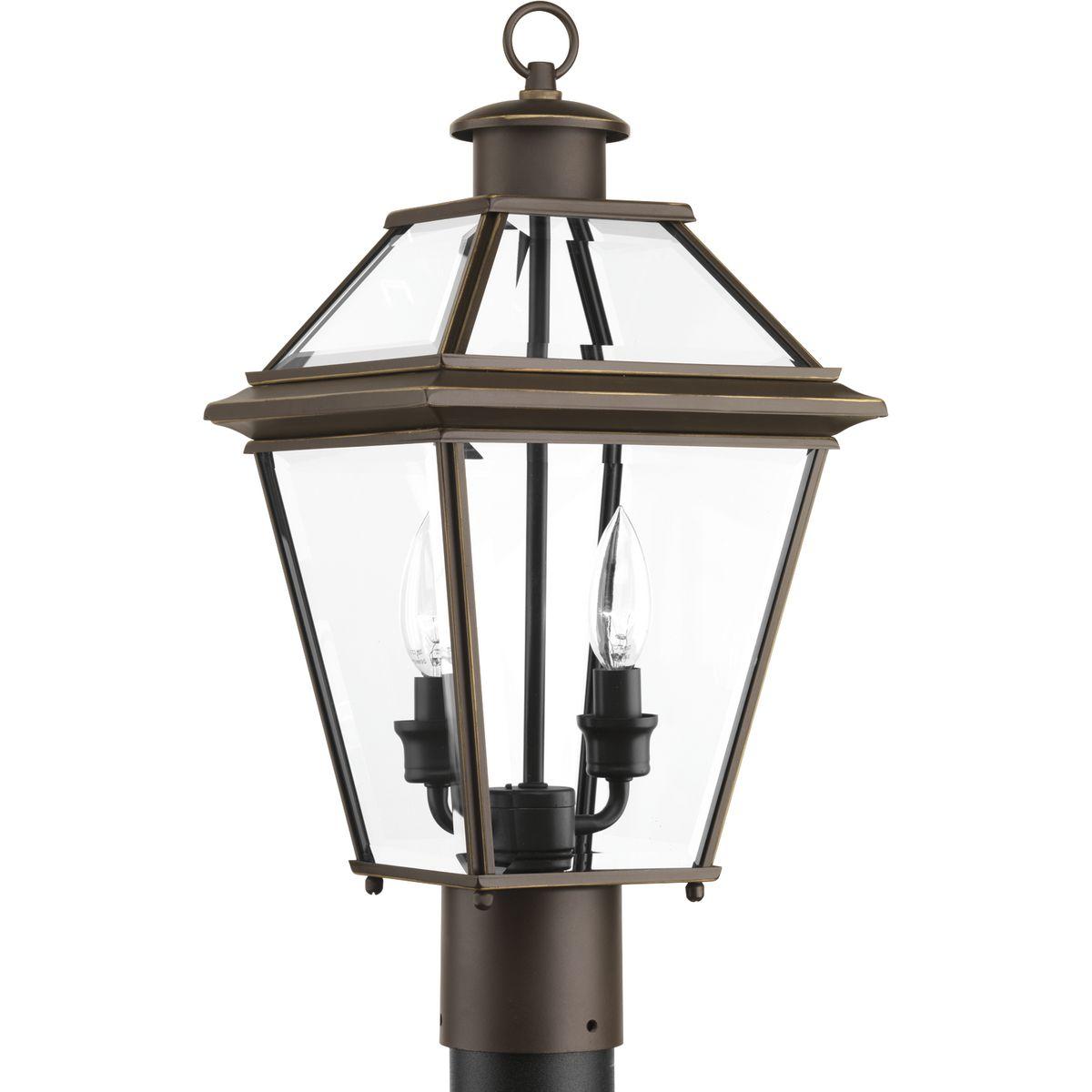 Hubbell P6437-20 The two-light post lantern from the Burlington outdoor collection is constructed from aluminum for durable, weather-resistant performance. An Antique Bronze finish complements the clear beveled glass. Fits 3" post (order separately).  ; Antique Bronze fin