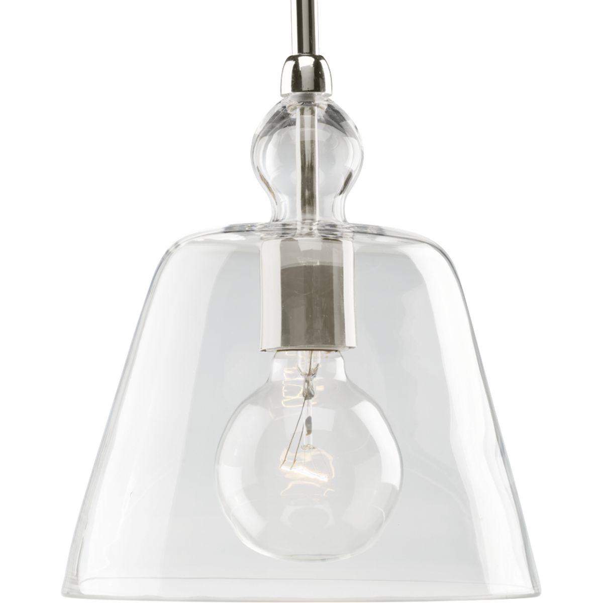 Hubbell P5184-104 One-light stem hung mini-pendant with hand-blown clear glass and a hint of polished nickel peering through.  ; Polished Nickel finish. ; Hand-blown clear glass. ; Includes two 6", one 12", one 15" stems and of chain.