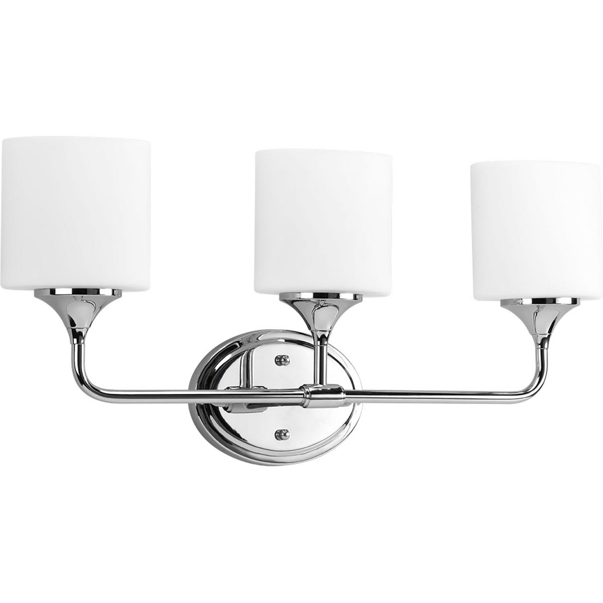 Hubbell P2803-15 With a youthful, yet timeless flair, the Lynzie Collection brightens your day with its simplicity. This three-light bath fixture with etched, white, oval shaped glass shades held upright by delicate classic Chrome finished arms portray the simple styling.