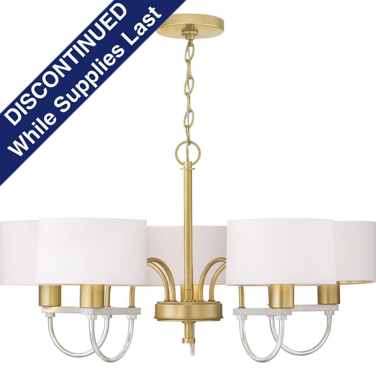 Hubbell P400172-078 The use of mixed media highlights a variety of elegant details are featured in the Rigsby Collection's five-light chandelier. A hint of faux marble appears in the horizontal cross bars, while Vintage Gold and Chrome accents create a dual toned finish. Dec