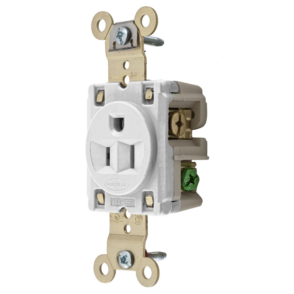 Hubbell HBL5261WRT Straight Blade Devices, Receptacles, Single, Industrial Grade, 2-Pole 3-Wire Grounding, 15A 125V, 5-15R, White, Single Pack, Ring Terminal.  ; Ring Terminal Connection ; One-piece brass integral ground strap ; Patented bypass contact design ; Ring Termina
