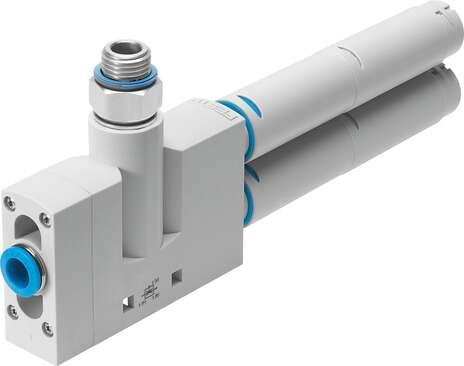 Festo 526136 vacuum generator VN-30-L-T6-PQ4-VA5-RO2 Standard, high suction rate, width 24 mm, T shape with push-in connector and open silencer Vacuum connection with male thread. Nominal size, Laval nozzle: 3 mm, Grid dimension: 24 mm, Design, silencer: open, Assembl
